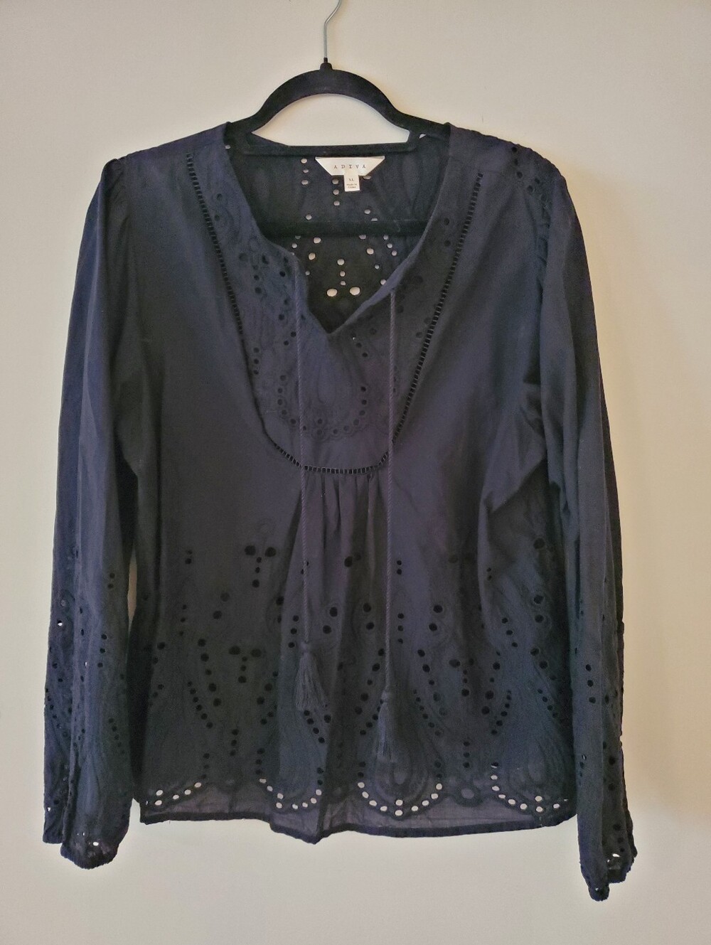 Eyelet V-Neck Cotton Peasant Blouse Black, XL